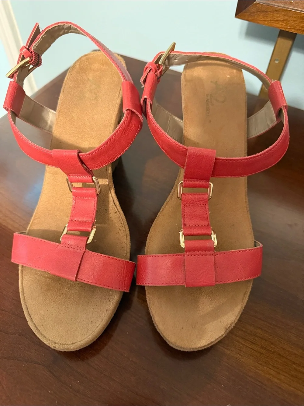 A2 By Aerosoles Red T‑Strap Wedge Sandals with Woven Platform